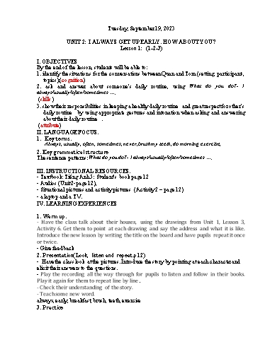 Kế hoạch bài dạy Tiếng Anh 5 - Tuần 3 Năm học 2023-2024 (Lê Thị Xuân)