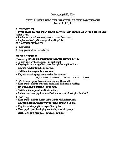 Kế hoạch bài dạy Tiếng Anh 5 - Tuần 33 Năm học 2023-2024 (Lê Thị Xuân)