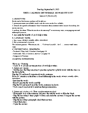 Kế hoạch bài dạy Tiếng Anh 5 - Tuần 4 Năm học 2023-2024 (Lê Thị Xuân)