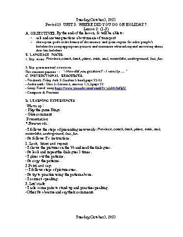 Kế hoạch bài dạy Tiếng Anh 5 - Tuần 5 Năm học 2023-2024 (Lê Thị Xuân)