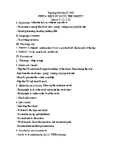 Kế hoạch bài dạy Tiếng Anh 5 - Tuần 7 Năm học 2023-2024 (Lê Thị Xuân)