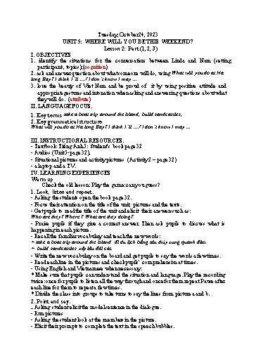 Kế hoạch bài dạy Tiếng Anh 5 - Tuần 8 Năm học 2023-2024 (Lê Thị Xuân)