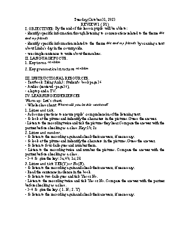 Kế hoạch bài dạy Tiếng Anh 5 - Tuần 9 Năm học 2023-2024 (Lê Thị Xuân)