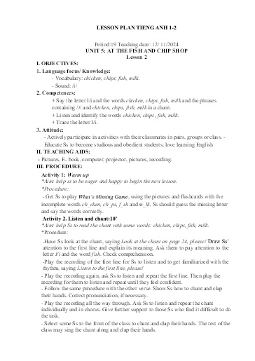 Kế hoạch bài dạy Tiếng Anh Tiểu Học (Lớp 1- 5) - Tuần 10 Năm học 2024-2025