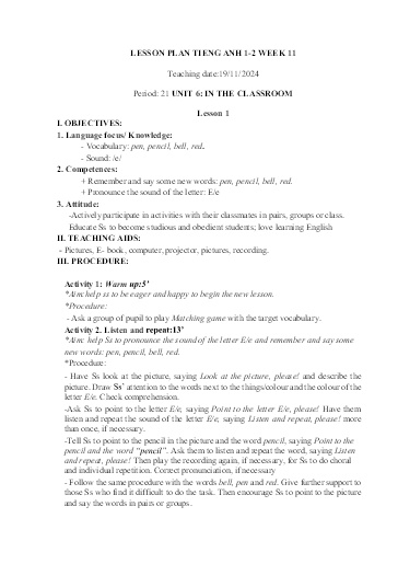 Kế hoạch bài dạy Tiếng Anh Tiểu Học (Lớp 1- 5) - Tuần 11 Năm học 2024-2025