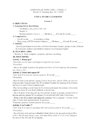 Kế hoạch bài dạy Tiếng Anh Tiểu Học (Lớp 1- 5) - Tuần 12 Năm học 2024-2025