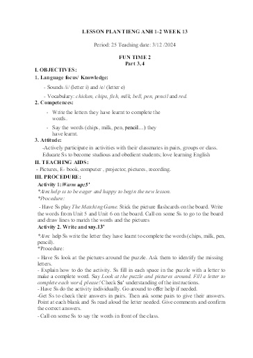 Kế hoạch bài dạy Tiếng Anh Tiểu Học (Lớp 1- 5) - Tuần 13 Năm học 2024-2025