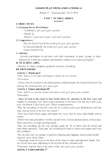 Kế hoạch bài dạy Tiếng Anh Tiểu Học (Lớp 1- 5) - Tuần 14 Năm học 2024-2025