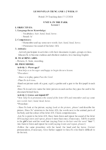 Kế hoạch bài dạy Tiếng Anh Tiểu Học (Lớp 1- 5) - Tuần 15 Năm học 2024-2025