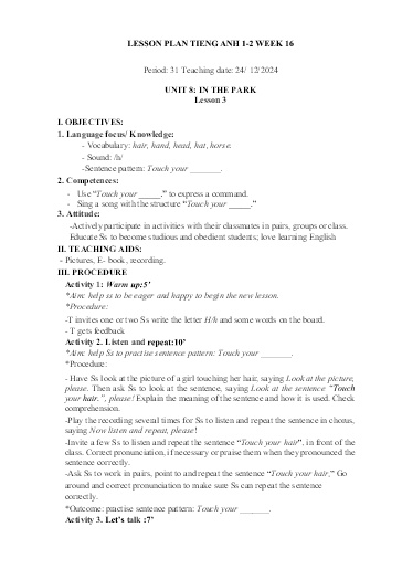 Kế hoạch bài dạy Tiếng Anh Tiểu Học (Lớp 1- 5) - Tuần 16 Năm học 2024-2025