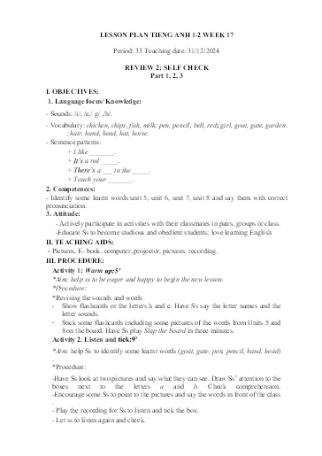 Kế hoạch bài dạy Tiếng Anh Tiểu Học (Lớp 1- 5) - Tuần 17 Năm học 2024-2025