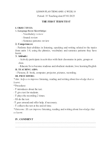 Kế hoạch bài dạy Tiếng Anh Tiểu Học (Lớp 1- 5) - Tuần 18 Năm học 2024-2025