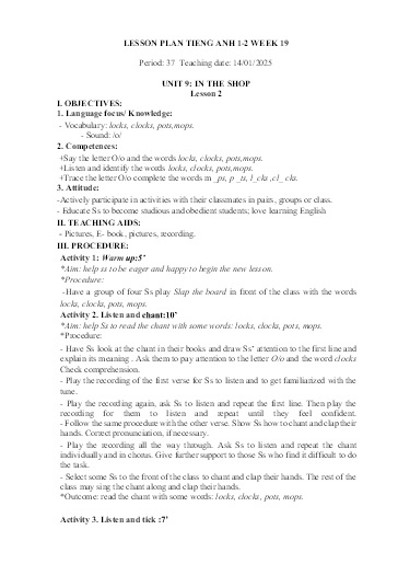 Kế hoạch bài dạy Tiếng Anh Tiểu Học (Lớp 1 - 5) - Tuần 19 Năm học 2024-2025 (Lê Thị Xuân)