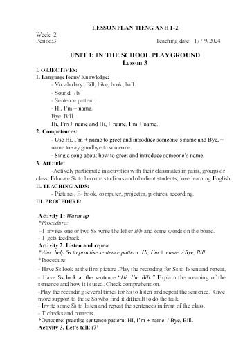 Kế hoạch bài dạy Tiếng Anh Tiểu Học (Lớp 1- 5) - Tuần 2 Năm học 2024-2025