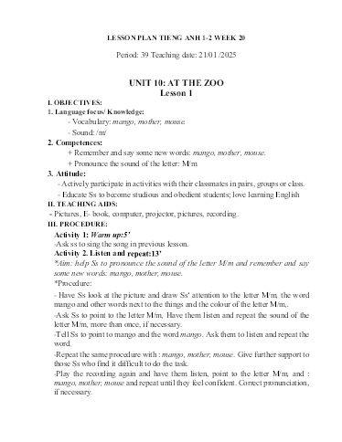 Kế hoạch bài dạy Tiếng Anh Tiểu Học (Lớp 1- 5) - Tuần 20 Năm học 2024-2025