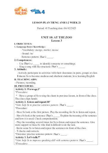 Kế hoạch bài dạy Tiếng Anh Tiểu Học (Lớp 1- 5) - Tuần 21 Năm học 2024-2025