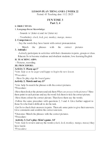 Kế hoạch bài dạy Tiếng Anh Tiểu Học (Lớp 1- 5) - Tuần 22 Năm học 2024-2025