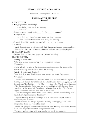 Kế hoạch bài dạy Tiếng Anh Tiểu Học (Lớp 1- 5) - Tuần 23 Năm học 2024-2025