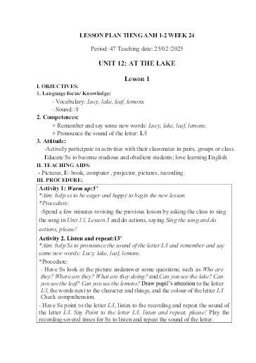 Kế hoạch bài dạy Tiếng Anh Tiểu Học (Lớp 1- 5) - Tuần 24 Năm học 2024-2025