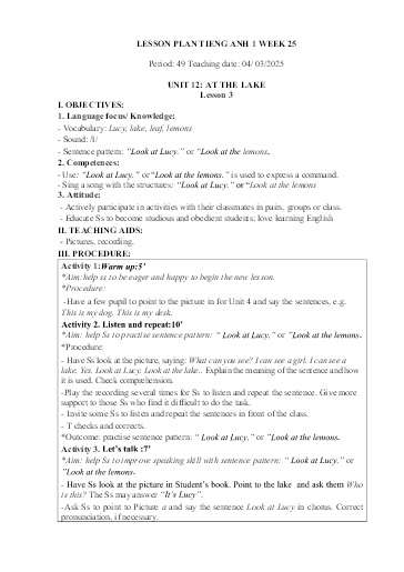Kế hoạch bài dạy Tiếng Anh Tiểu Học (Lớp 1- 5) - Tuần 25 Năm học 2024-2025