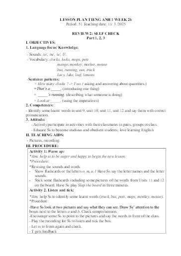 Kế hoạch bài dạy Tiếng Anh Tiểu Học (Lớp 1- 5) - Tuần 26 Năm học 2024-2025