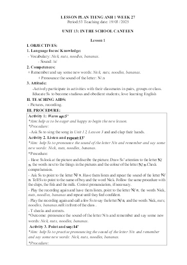 Kế hoạch bài dạy Tiếng Anh Tiểu Học (Lớp 1- 5) - Tuần 27 Năm học 2024-2025