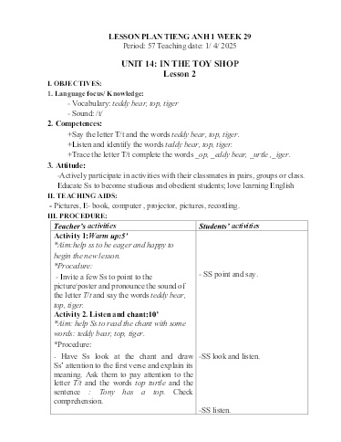 Kế hoạch bài dạy Tiếng Anh Tiểu Học (Lớp 1- 5) - Tuần 29 Năm học 2024-2025