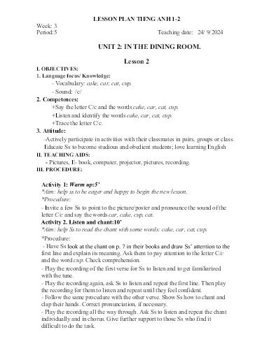 Kế hoạch bài dạy Tiếng Anh Tiểu Học (Lớp 1- 5) - Tuần 3 Năm học 2024-2025