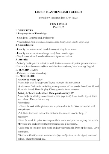 Kế hoạch bài dạy Tiếng Anh Tiểu Học (Lớp 1- 5) - Tuần 30 Năm học 2024-2025
