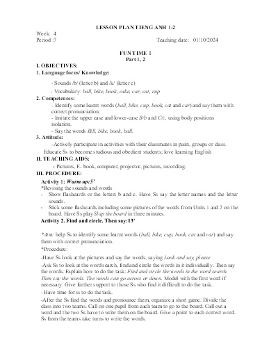 Kế hoạch bài dạy Tiếng Anh Tiểu Học (Lớp 1- 5) - Tuần 4 Năm học 2024-2025