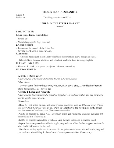 Kế hoạch bài dạy Tiếng Anh Tiểu Học (Lớp 1- 5) - Tuần 5 Năm học 2024-2025