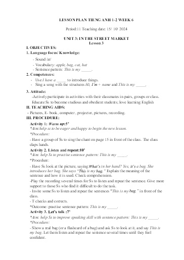 Kế hoạch bài dạy Tiếng Anh Tiểu Học (Lớp 1- 5) - Tuần 6 Năm học 2024-2025