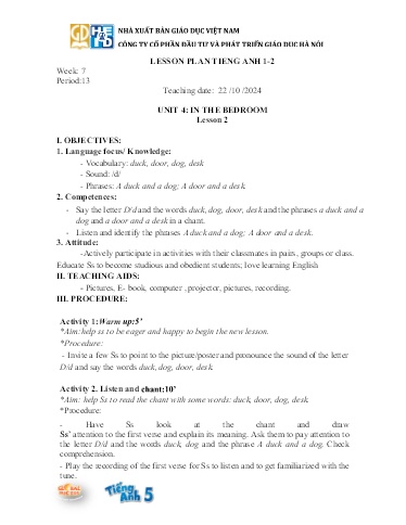 Kế hoạch bài dạy Tiếng Anh Tiểu Học (Lớp 1- 5) - Tuần 7 Năm học 2024-2025