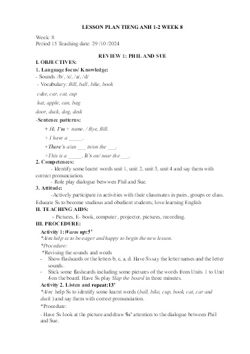 Kế hoạch bài dạy Tiếng Anh Tiểu Học (Lớp 1- 5) - Tuần 8 Năm học 2024-2025