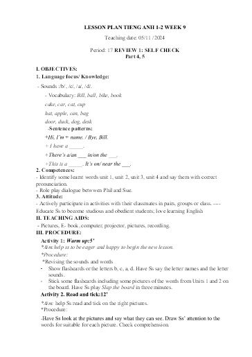 Kế hoạch bài dạy Tiếng Anh Tiểu Học (Lớp 1- 5) - Tuần 9 Năm học 2024-2025