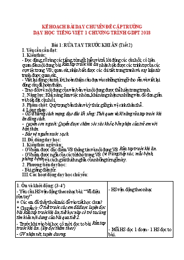 Kế hoạch bài dạy Tiếng Việt 1 - Bài 1: Rửa tay trước khi ăn (Tiết 2)