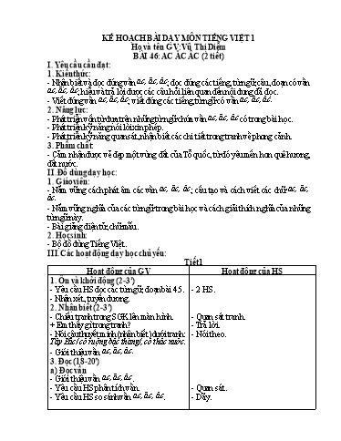 Kế hoạch bài dạy Tiếng Việt 1 - Tuần 11, Bài 46: ac ăc âc
