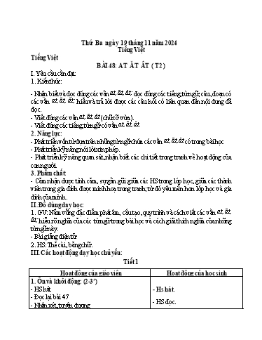Kế hoạch bài dạy Tiếng Việt 1 - Tuần 11, Bài 48: at ăt ât (Tiết 2)