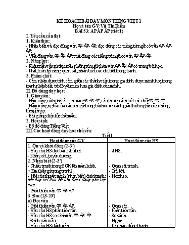Kế hoạch bài dạy Tiếng Việt 1 - Tuần 12, Bài 53: ap ăp âp (Tiết 1)