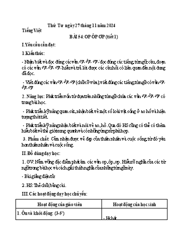 Kế hoạch bài dạy Tiếng Việt 1 - Tuần 12, Bài 54: op ôp ơp (Tiết 1)