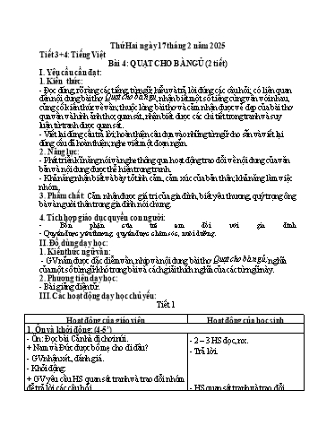 Kế hoạch bài dạy Tiếng Việt 1 - Tuần 22, Bài 4: Quạt cho bà ngủ