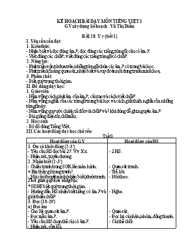 Kế hoạch bài dạy Tiếng Việt 1 - Tuần 7, Bài 28: Y y (Tiết 1)