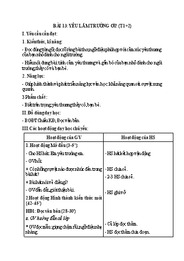 Kế hoạch bài dạy Tiếng Việt 2 - Bài 13: Yêu lắm trường ơi! (Tiết 1+2)