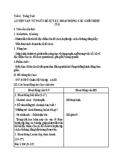 Kế hoạch bài dạy Tiếng Việt 2 - Tuần 13: Luyện tập: Từ ngữ chỉ sự vật, hoạt động. Câu giới thiệu (Tiết 4)