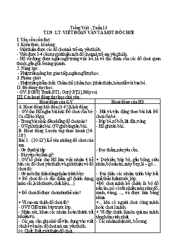 Kế hoạch bài dạy Tiếng Việt 2 - Tuần 13, Tiết 129: Luyện tập: Viết đoạn văn tả một đồ chơi
