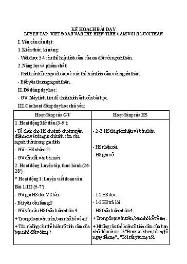 Kế hoạch bài dạy Tiếng Việt 2 - Tuần 15: Luyện tập: Viết đoạn văn thể hiện tình cảm với người thân