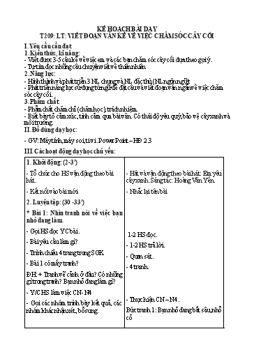 Kế hoạch bài dạy Tiếng Việt 2 - Tuần 21, Tiết 209: Luyện tập: Viết đoạn văn kể về việc chăm sóc cây cối