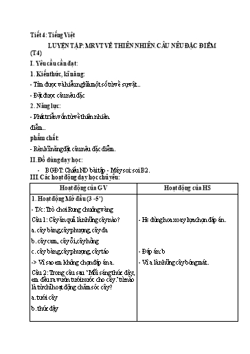 Kế hoạch bài dạy Tiếng Việt 2 - Tuần 22: Luyện tập: MRVT về thiên nhiên. Câu nêu đặc điểm