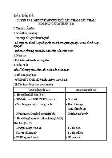 Kế hoạch bài dạy Tiếng Việt 2 - Tuần 23: Luyện tập: MRVT về muông thú. Dấu chấm, dấu chấm hỏi, dấu chấm than (Tiết 4)