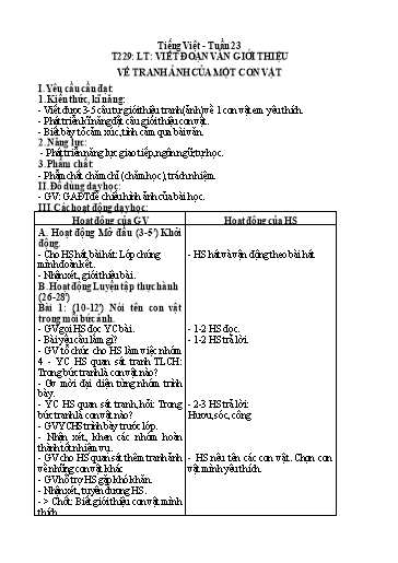 Kế hoạch bài dạy Tiếng Việt 2 - Tuần 23, Tiết 229: Luyện tập: Viết đoạn văn giới thiệu về tranh ảnh của một con vật